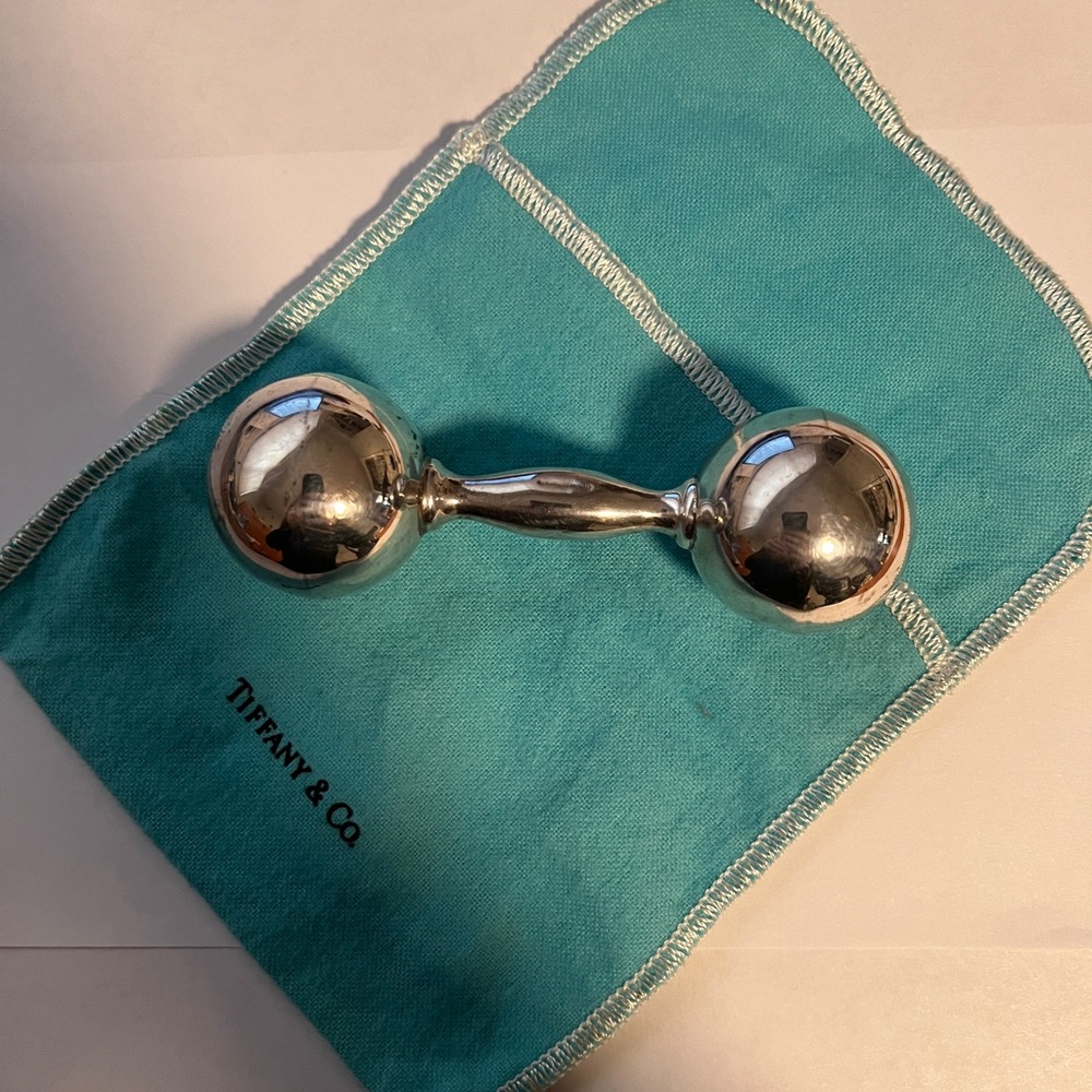 Vintage Tiffany & Co. Sterling Silver Barbell Baby Rattle.